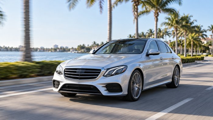 Silver Mercedes E-Class driving on a palm-lined Florida road