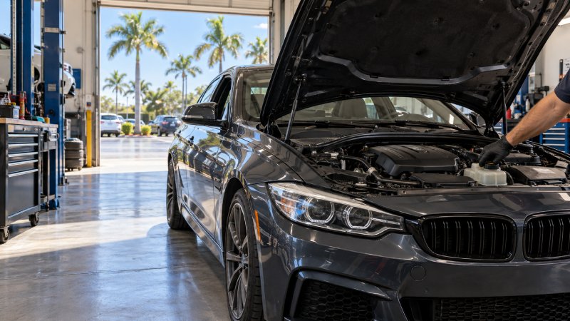 Technician checking the coolant reservoir on a BMW in a sunny Florida shop