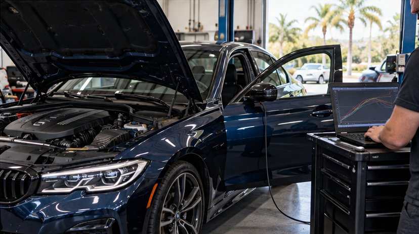 Dark blue BMW 3 Series connected to a laptop for BMW ECU tuning
