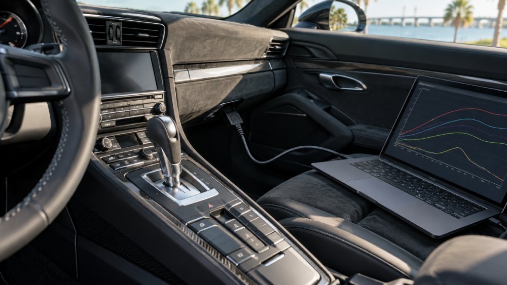 Porsche 911 interior with the PDK gear selector and a tuning laptop connected
